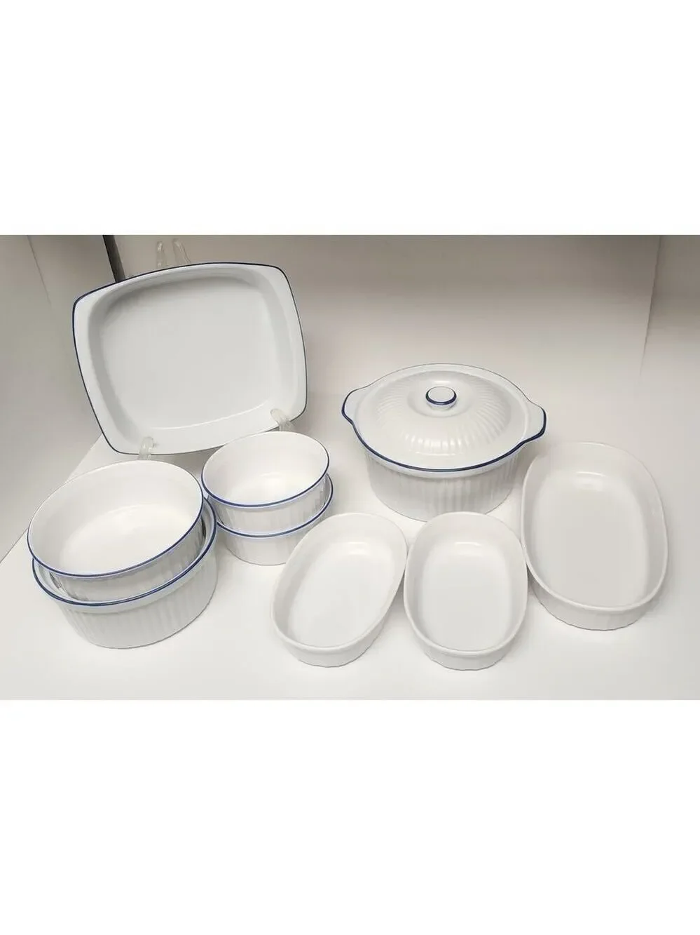 BIA Blanc De Table/Corningware Vintage Casserole Dish W/ Cobalt Blue Trim 9PCS